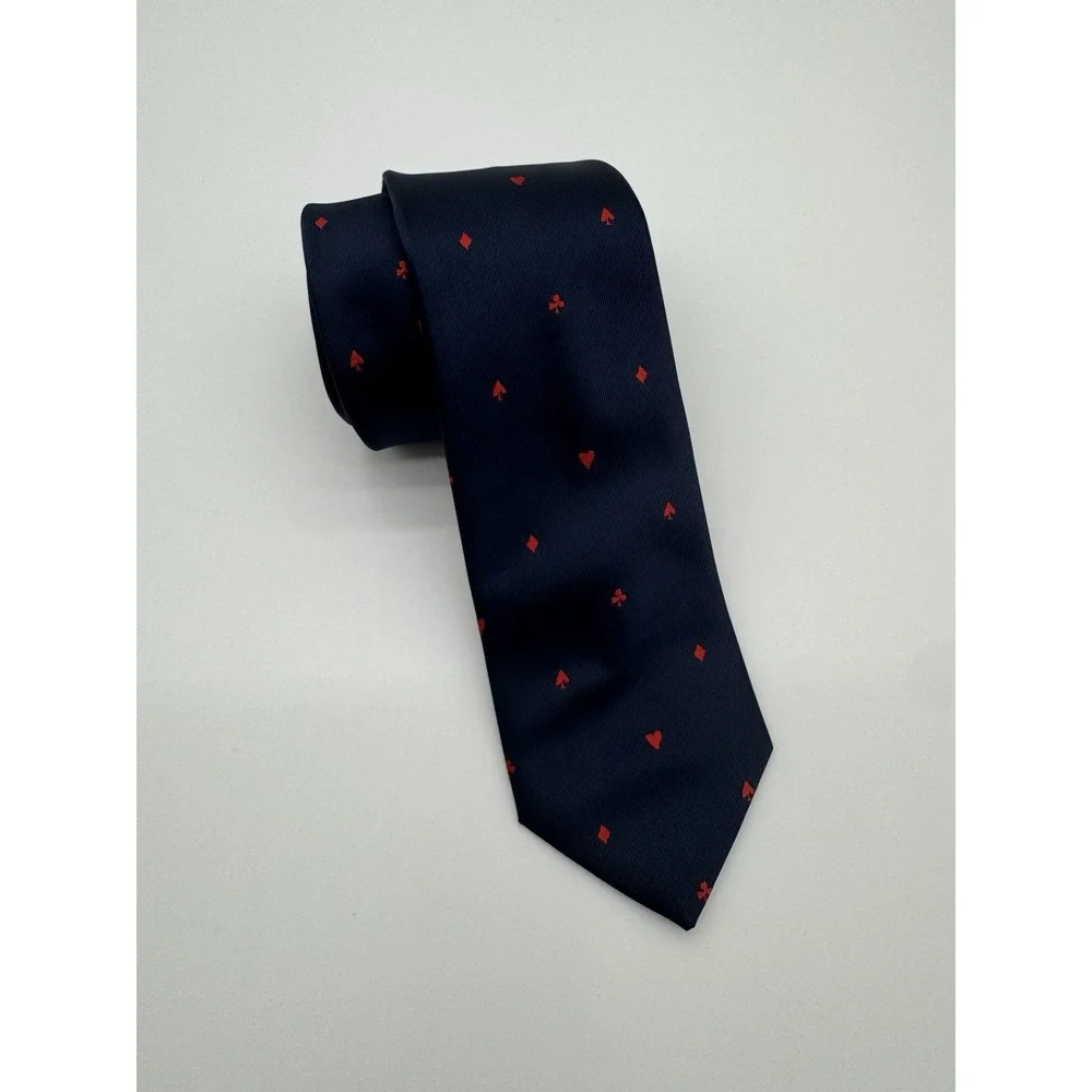 Navy Blue Silk Tie Red Playing Cards Hearts Spades Diamonds Clubs Novelty Mens